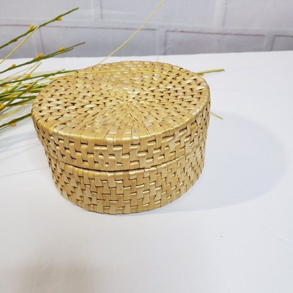 Natural Wicker 4 piece Coaster Set 4" with Basket Coastal Decor Barware
